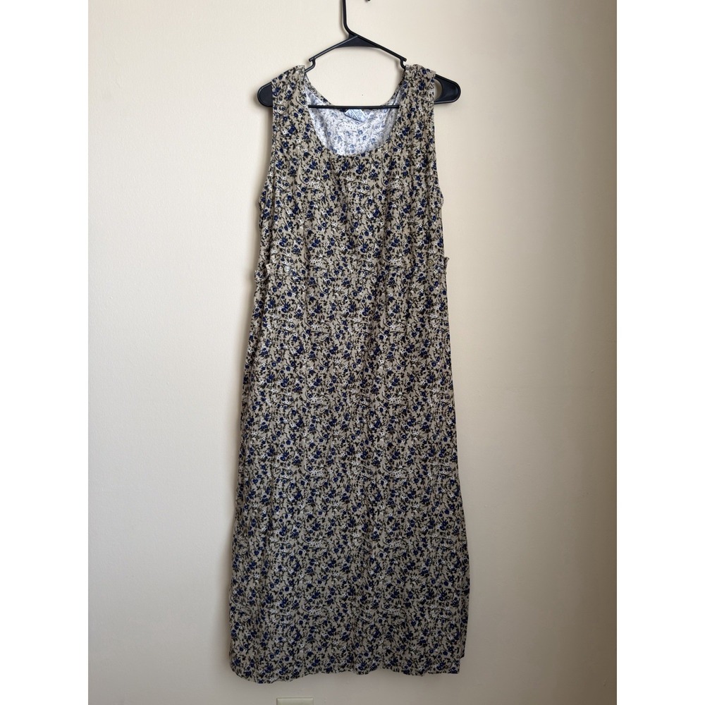 Bobbie Brooks Tan Blue Floral Corduroy Maxi Dress Sleeveless Vintage 90s Style